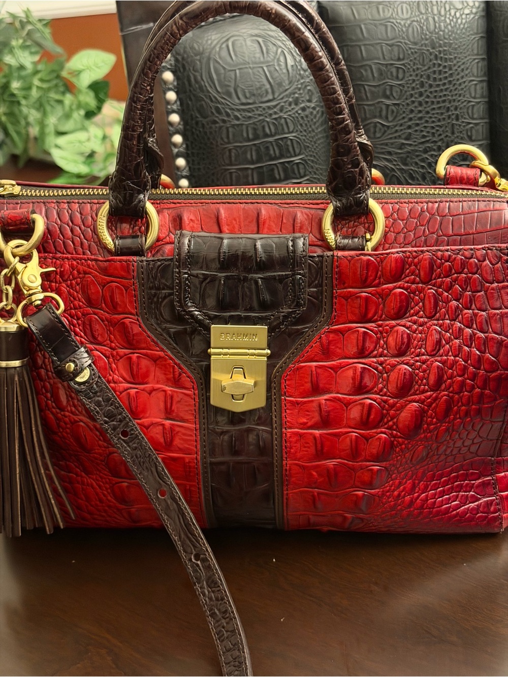 Exquisite Brahmin Red Croc-Embossed Satchel with Dark Brown Trim & Gold Hardware